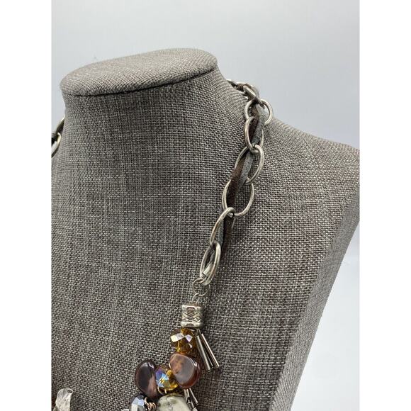 Laura Ashley Chain Leather Cord Statement Necklace Dangle Beads Marble Crystals - Picture 9 of 10
